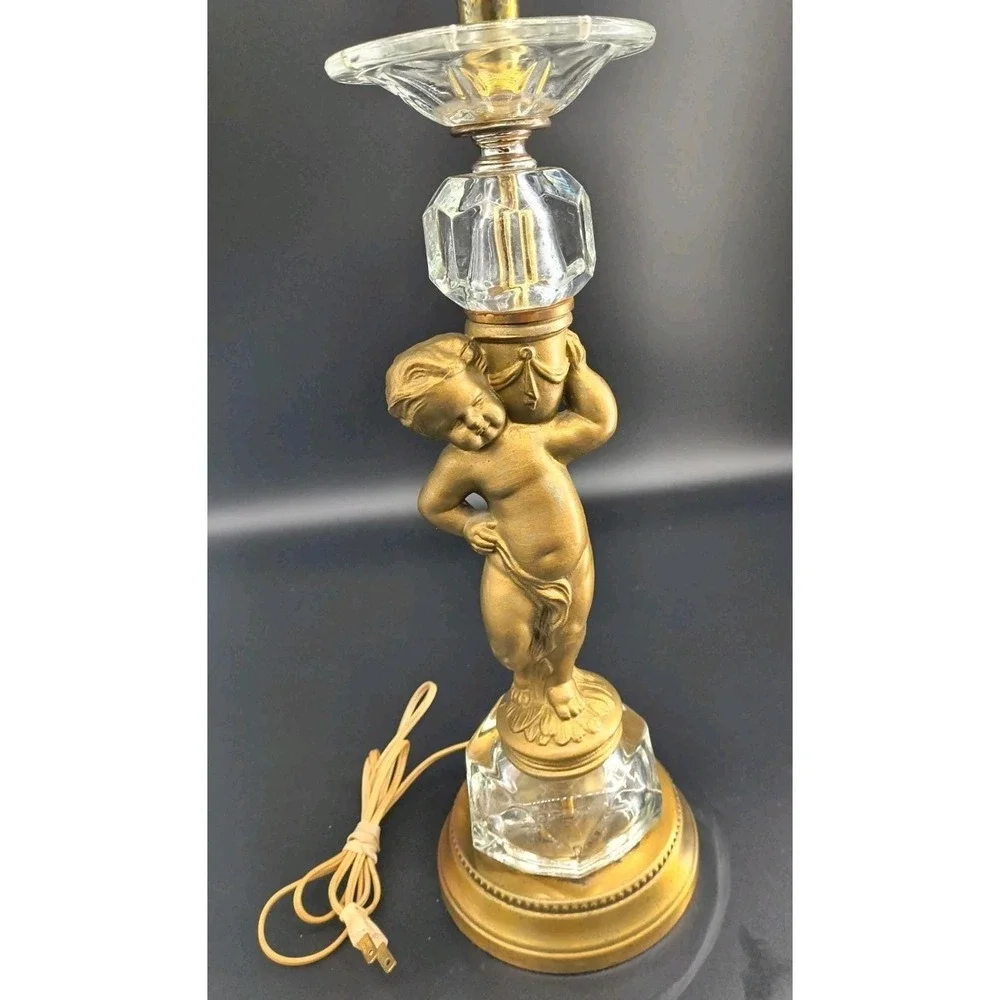 Vintage 1950s Hollywood Regency Cherub Boudoir Lamp Glass Crystal Gilt Mixed...